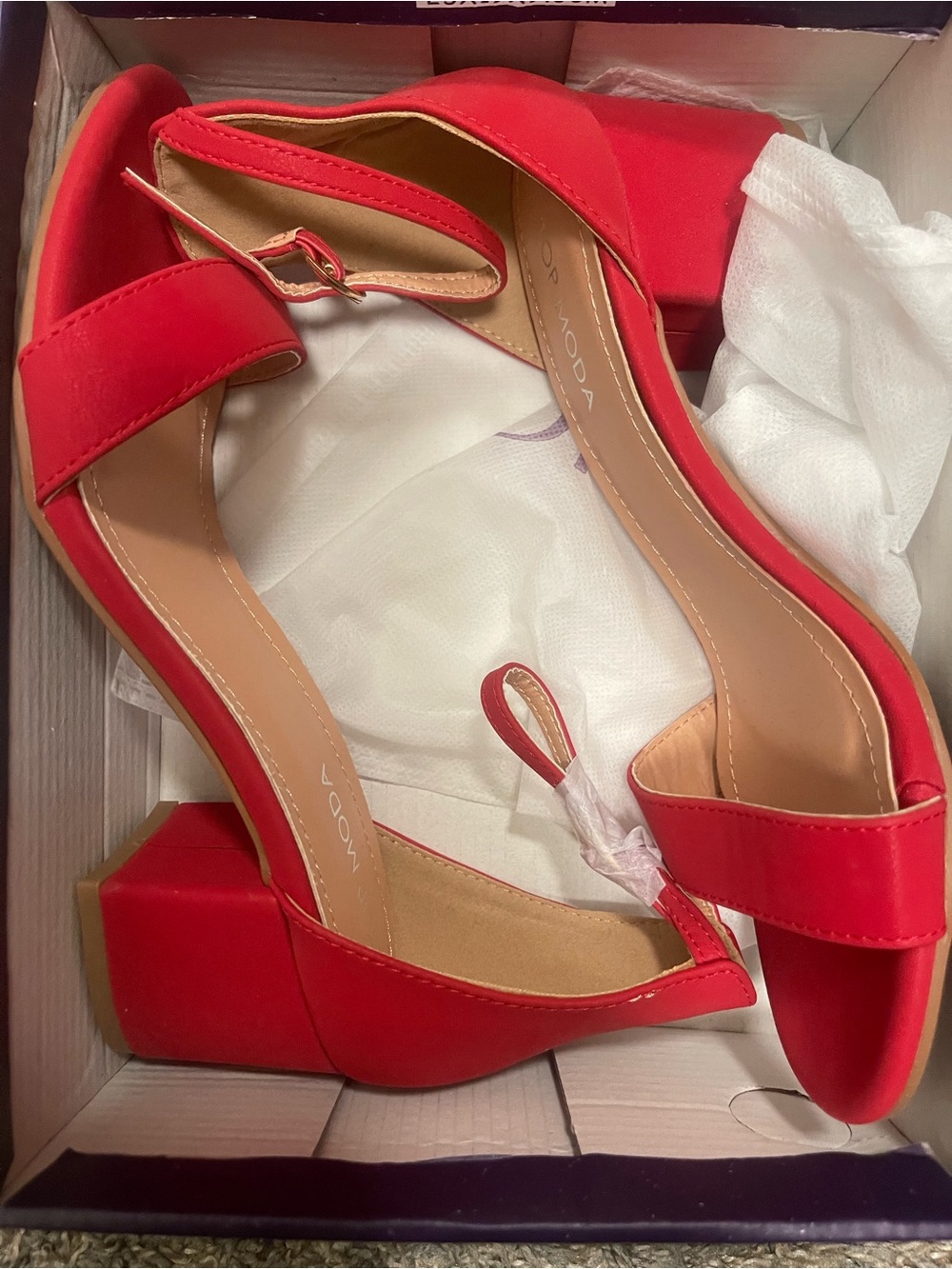 Top Moda Red Open-Toe Block Short Chunky Heel Sandals with Ankle Strap